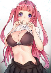 Rule 34 | 1girl, absurdres, black skirt, blush, bow, bow bra, bra, breasts, brown bra, brown panties, cleavage, clothes lift, eyebrows, gradient background, grey background, highres, large breasts, long hair, looking at viewer, miniskirt, navel, original, panties, pink hair, pleated skirt, purple eyes, shirt lift, short sleeves, skirt, solo, sparkle, two side up, underwear, undressing, upper body, white background, yu ken