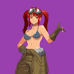 Rule 34 | 1girl, bikini, bikini top only, breasts, character request, cigarette, cleavage, goggles, goggles on head, highres, large breasts, legs, long hair, midriff, navel, pants, picopico256, red eyes, red hair, solo, thighs, twintails