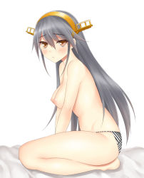Rule 34 | 10s, 1girl, barefoot, black hair, blush, breasts, brown eyes, haruna (kancolle), kantai collection, kneeling, lang (chikage36), long hair, looking at viewer, nipples, panties, pout, solo, striped clothes, striped panties, topless, underwear