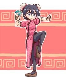Rule 34 | 10s, 1girl, alternate costume, black eyes, black hair, black pantyhose, blush, bun cover, china dress, chinese clothes, commentary request, double bun, dress, feather print, fighting stance, full body, hair between eyes, hair bun, kaban (kemono friends), kemono friends, open mouth, outline, pantyhose, pink dress, puffy short sleeves, puffy sleeves, seki (red shine), short hair, short sleeves, solo, standing, standing on one leg, white outline
