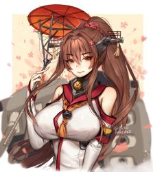 Rule 34 | 1girl, bad id, bad twitter id, bare shoulders, breasts, brown eyes, brown hair, cherry blossoms, closed mouth, detached sleeves, female focus, flower, hair between eyes, hair flower, hair ornament, headgear, holding, holding umbrella, kantai collection, large breasts, long hair, looking at viewer, matching hair/eyes, oil-paper umbrella, ponytail, red umbrella, smile, solo, terupancake, turret, umbrella, upper body, very long hair, yamato (kancolle)