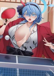 Rule 34 | 1girl, absurdres, ako (blue archive), alternate costume, ball, bath yukata, blue archive, blue eyes, blue hair, blush, breasts, cleavage, collarbone, grey kimono, hair between eyes, hair ribbon, hairband, halo, highres, japanese clothes, kimono, large breasts, layered clothes, long hair, open mouth, paddle, red kimono, ribbon, san (harutuki 3), table tennis, table tennis ball, table tennis paddle, yukata