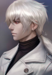 Rule 34 | 1boy, chromatic aberration, hair tie, highres, looking to the side, male focus, ponytail, profile, realistic, red eyes, signature, solo, stanley lau, susanghan messenger, upper body, white hair, zen (susanghan messenger)