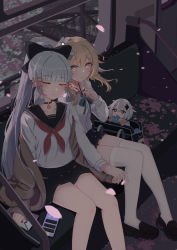 Rule 34 | 3girls, absurdres, alternate costume, asahiv, ayaka (genshin impact), bag, bench, black eyes, blonde hair, blunt bangs, bow, cellphone, choker, closed eyes, collarbone, commentary request, contemporary, finger to mouth, flower, from above, genshin impact, grey hair, hair between eyes, hair bow, hair flower, hair ornament, hair ribbon, hair tubes, highres, holding, holding hands, holding letter, letter, long hair, long sleeves, looking at viewer, looking up, lumine (genshin impact), multiple girls, paimon (genshin impact), pantyhose, petals, phone, pleated skirt, ponytail, ribbon, school bag, school uniform, serafuku, short hair, short hair with long locks, sidelocks, size difference, skirt, slime (genshin impact), smartphone, smile, thighhighs, thighs, train interior, tress ribbon, white hair, white legwear, wind, yellow eyes, zettai ryouiki