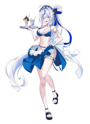 1girl ahoge aokumo_rin arm_garter armpits bare_shoulders bikini black_footwear blue_bikini blue_eyes breasts bridal_garter choker cleavage cup drinking_glass frilled_bikini frills full_body hair_rings halterneck hand_on_own_hip hand_up headdress highres holding holding_tray large_breasts leg_up long_hair looking_at_viewer mismatched_bikini multicolored_hair navel open_mouth ponytail sandals sarong simple_background smile solo stellive stomach streaked_hair string_bikini swimsuit thighs tray two-tone_hair very_long_hair virtual_youtuber white_background white_choker white_hair yt9676