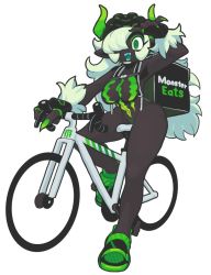 Rule 34 | 1girl, @ @, bicycle, black skin, bodypaint, breasts, claws, colored skin, colored tongue, food delivery box, fur, fur trim, gashi-gashi, gloves, green eyes, green tongue, hair over one eye, hat, long hair, monster energy, monster energy-chan, nail polish, naked paint, navel, nude, personification, pointy ears, product girl, pubic hair, shoes, smile, spiral, wavy hair, white hair