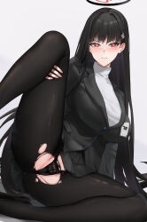Rule 34 | 1girl, absurdres, black footwear, black jacket, black panties, black pantyhose, black skirt, black suit, blue archive, blunt bangs, blush, breasts, cameltoe, closed mouth, fingernails, foot out of frame, formal, hair ornament, hairclip, halo, hand on own leg, high heels, highres, jacket, knee up, kuutamo, large breasts, long hair, looking at viewer, panties, pantyhose, red eyes, rio (blue archive), shadow, simple background, sitting, skirt, solo, spread legs, suit, sweater, torn clothes, torn pantyhose, turtleneck, turtleneck sweater, underwear, v-shaped eyebrows, very long hair, white background