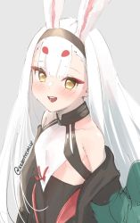 Rule 34 | 1girl, animal ears, azur lane, black hairband, blush, dress, flat chest, grey background, hairband, jacket, long hair, looking at viewer, off shoulder, open mouth, rabbit ears, shimakaze (azur lane), simple background, skeptycally, solo, twitter username, very long hair, white hair, yellow eyes