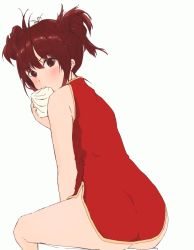 Rule 34 | 1girl, ass, bare shoulders, brown eyes, brown hair, china dress, chinese clothes, double bun, dress, looking at viewer, original, red dress, sakimi3, solo