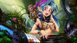 Rule 34 | 1girl, ;), animal, animal on shoulder, animal print, armlet, bandana, blue hair, bracelet, breasts, cleavage, commentary, dj, draw-till-death, elf, freckles, headphones, headphones around neck, highres, jewelry, jungle, leopard print, listening to music, medium breasts, monkey, nail polish, nature, necklace, no bra, one eye closed, orange eyes, original, phonograph, pointy ears, ring, shizenko goldenpearl, smile, solo, speaker, sweat, tooth necklace, tribal, turntable, v, vest