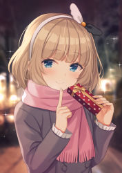 Rule 34 | 1girl, black coat, blue eyes, blurry, blurry background, bokeh, brown hair, brown ribbon, closed mouth, coat, depth of field, fringe trim, gift, hairband, highres, holding, index finger raised, indie virtual youtuber, long sleeves, looking at viewer, pink scarf, polka dot, ribbon, scarf, shiratori kurumi, shiromikan, short hair, smile, solo, sparkle, upper body, virtual youtuber