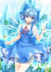 Rule 34 | 1girl, artist name, bloomers, blue bow, blue dress, blue eyes, blue hair, blue sky, blush, bow, breasts, chinese commentary, cirno, commentary request, cowboy shot, day, dress, frog, frozen frog, hair between eyes, hair bow, hand up, hei kuang jun, highres, ice, ice wings, looking at viewer, neck ribbon, outdoors, pinafore dress, puffy short sleeves, puffy sleeves, red ribbon, ribbon, shirt, short hair, short sleeves, signature, sky, sleeveless dress, small breasts, smile, solo, standing, sun, touhou, underwear, white bloomers, white shirt, wings