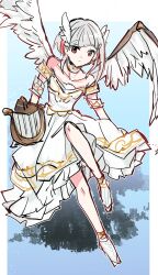 Rule 34 | 1girl, absurdres, alternate costume, angel, angel wings, armband, blue background, closed mouth, collar, collarbone, commentary request, diagonal bangs, dress, full body, gradient background, grey hair, harp, head wings, highres, holding, holding harp, holding instrument, instrument, kanduki kamibukuro, leg up, link! like! love live!, looking at viewer, love live!, medium dress, multicolored hair, off-shoulder dress, off shoulder, red eyes, red hair, sketch, solo, streaked hair, white armband, white background, white collar, white footwear, wings, yugiri tsuzuri