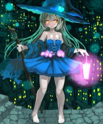 Rule 34 | 1girl, blue dress, dress, hat, highres, latern, solo, staff, witch hat, yomitim