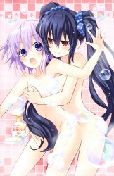 Rule 34 | 10s, 2girls, :o, absurdres, bath, black hair, blush, grabbing another&#039;s breast, breasts, censored, choujijigen game neptune re;birth 1, collarbone, convenient censoring, english text, grabbing, grabbing from behind, hair censor, highres, long hair, medium breasts, multiple girls, naughty face, navel, neptune (neptunia), neptune (series), noire (neptunia), nude, official art, open mouth, purple eyes, purple hair, red eyes, scrunchie, small breasts, soap, soap bubbles, soap censor, standing, tile wall, tiles, tsunako, twintails, very long hair, yuri