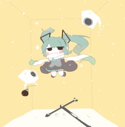 Rule 34 | 1girl, blush stickers, chibi, floating, hatsune miku, highres, inishie, microphone, solo, speaker, twintails, vocaloid
