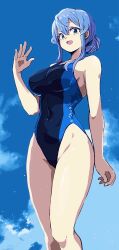 Rule 34 | 1girl, alternate costume, blue eyes, blue hair, blue one-piece swimsuit, blue sky, blush, breasts, cloud, cloudy sky, commentary request, competition swimsuit, dated, day, gotland (kancolle), hair between eyes, hair bun, highres, kantai collection, long hair, looking at viewer, mole, mole under eye, one-piece swimsuit, open mouth, single hair bun, sky, smile, solo, swimsuit, unagiman