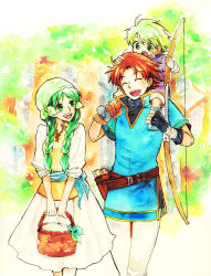 Rule 34 | 1girl, 2boys, bad id, bad pixiv id, basket, bow (weapon), braid, brown hair, carrying, child, father and son, fingerless gloves, fire emblem, fire emblem: the binding blade, fire emblem: the blazing blade, gloves, green eyes, green hair, happy, long hair, millipen (medium), mother and son, multiple boys, nintendo, painting (medium), rebecca (fire emblem), short hair, shoulder carry, traditional media, twin braids, weapon, wil (fire emblem), wolt (fire emblem)