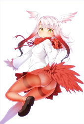 Rule 34 | 10s, 1girl, ass, black footwear, blunt bangs, crotch seam, fur collar, gloves, head wings, japanese crested ibis (kemono friends), kemono friends, long hair, long sleeves, looking at viewer, mary janes, miniskirt, multicolored hair, panties, panties under pantyhose, pantyhose, red gloves, red hair, red pantyhose, red skirt, shirt, shoes, sidelocks, simple background, skirt, solo, tail, thighband pantyhose, tomomimi shimon, two-tone hair, underwear, white background, white hair, white shirt, wide sleeves, wings, yellow eyes