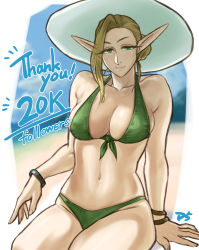 Rule 34 | 1girl, bare arms, bare shoulders, bikini, blonde hair, bracelet, breasts, collarbone, commentary request, dinelind (drill (emilio)), drill (emilio), elf, english text, front-tie bikini top, front-tie top, green bikini, green eyes, hair bun, hair up, hat, highres, jewelry, large breasts, looking at viewer, milestone celebration, navel, original, pointy ears, smile, solo, stomach, sun hat, swimsuit, thank you, thighs, white hat