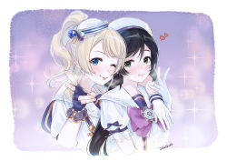 Rule 34 | ;p, anchor symbol, arm around shoulder, asymmetrical gloves, ayase eli, bad id, bad pixiv id, black hair, blonde hair, blue bow, blue eyes, blue gloves, blue neckwear, blush, bow, bowtie, fingerless gloves, frilled gloves, frills, gloves, green eyes, hand on another&#039;s arm, hat, hat bow, heart, long hair, looking at viewer, love live!, love live! school idol festival, love live! school idol project, mismatched gloves, multiple girls, one eye closed, ponytail, purple background, sailor collar, sailor hat, ship&#039;s wheel, short sleeves, sidelocks, smile, sparkle, tongue, tongue out, tojo nozomi, upper body, v, white gloves, yuri, zawawa (satoukibi1108)