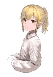 Rule 34 | 1girl, bad id, bad pixiv id, blonde hair, blush, breasts, brown hair, close-up, dot nose, dress shirt, flat chest, looking at viewer, medium breasts, medium hair, original, ponytail, shirt, simple background, sketch, solo, wasabi60, white background