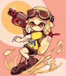Rule 34 | 1girl, :/, bad id, bad pixiv id, bare arms, black shorts, blonde hair, blunt bangs, brown eyes, closed mouth, furrowed brow, goggles, goggles on head, grey footwear, grey skirt, holding, inkling, inkling girl, inkling player character, mayonnaise, miniskirt, nintendo, pain, pointy ears, shirt, shoes, short hair, short sleeves, shorts, shorts under skirt, skirt, sneakers, solo, sparkle, splatoon (series), splatoon 2, t-shirt, tentacle hair, yellow shirt, yukino super