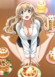 Rule 34 | 00s, 1girl, barefoot, breasts, cake, earrings, food, ikkitousen, jewelry, large breasts, long hair, looking at viewer, official art, sitting, skirt, smile, solo, sonken chuubou