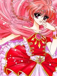 Rule 34 | 1girl, bad id, bad pixiv id, braid, cape, circlet, cowboy shot, fukujaku, gem, long hair, looking at viewer, magic knight rayearth, official alternate costume, official style, pink background, red eyes, red hair, red theme, shidou hikaru, skirt, smile, solo, wrist cuffs