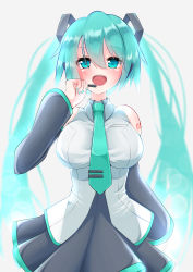 Rule 34 | 1girl, absurdres, alternate breast size, aqua necktie, black skirt, blue eyes, blue hair, blue nails, breasts, collared shirt, detached sleeves, grey background, grey shirt, hair ornament, hairclip, hatsune miku, highres, jam (jamjam777), large breasts, nail polish, necktie, open mouth, shirt, skirt, sleeveless, sleeveless shirt, smile, solo, twintails, vocaloid