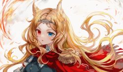 Rule 34 | 1girl, archetto (arknights), arknights, blonde hair, blue eyes, breasts, cape, commentary, forehead, grey background, heterochromia, looking at viewer, medium breasts, parted lips, red cape, red eyes, solo, spacelongcat, tiara, upper body