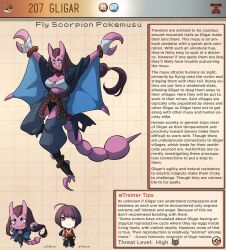 Rule 34 | 1boy, 1girl, arms up, bat wings, blue pants, blue wings, breasts, character profile, chest sarashi, chibi, chibi inset, clawed feet, colored skin, creatures (company), english text, fangs, full body, game freak, gen 2 pokemon, gligar, grid background, heart, heart-shaped pupils, highres, horns, japanese clothes, kimono, kinkymation, long hair, looking at viewer, looking down, low-tied long hair, medium breasts, monster girl, nintendo, pants, personification, pincers, pokemon, pokemon tail, purple eyes, purple hair, purple skin, red kimono, sarashi, smile, stinger, symbol-shaped pupils, tail, tongue, tongue out, wings