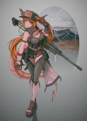Rule 34 | 1girl, absurdres, alternate costume, ankle boots, anti-materiel rifle, armor, baseball cap, black gloves, blunt bangs, bolt action, boots, bow, breasts, cheytac m200, cleavage, commentary, diagonal-striped bow, dragon girl, dragon horns, dragon tail, english commentary, forehead protector, full body, gloves, greaves, gun, hat, highres, hololive, horns, huge filesize, japanese armor, kiryu coco, kote, large breasts, long hair, looking at viewer, military operator, orange hair, pointy ears, pouch, purple eyes, rifle, sniper rifle, solo, standing, strap, tail, thigh gap, thigh pouch, thighhighs, unzipped, very long hair, virtual youtuber, weapon, zhvo