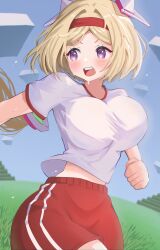 Rule 34 | 1girl, absurdres, aki rosenthal, blonde hair, blush, breasts, detached hair, hair ornament, headband, highres, hololive, large breasts, long hair, nyu-tan94, open mouth, purple eyes, red headband, red shorts, shirt, shorts, sky, solo, sportswear, sweat, taut clothes, taut shirt, teeth, upper teeth only, virtual youtuber, white shirt
