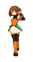 Rule 34 | 1girl, aine (hoshi wo miru hito), bare shoulders, black thighhighs, blue eyes, boots, elbow gloves, fingerless gloves, gloves, highres, hinekuru, hoshi wo miru hito, official art, one side up, orange hair, romancing stella visor, short hair, skirt, solo, thighhighs, white background