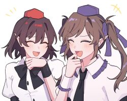 Rule 34 | +++, 2girls, :d, ^ ^, black bow, black bowtie, black necktie, bow, bowtie, brown hair, closed eyes, collared shirt, commentary request, frilled shirt collar, frills, hand up, hat, highres, himekaidou hatate, laughing, long hair, multiple girls, necktie, open mouth, pointy ears, puffy short sleeves, puffy sleeves, purple headwear, red headwear, sakic43899, shameimaru aya, shirt, short sleeves, simple background, smile, tokin hat, touhou, twintails, upper body, white background, white shirt, wristband