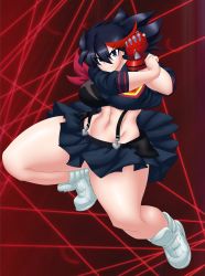 Rule 34 | 1girl, absurdres, black hair, black skirt, blue eyes, breasts, closed mouth, full body, gloves, highres, kill la kill, kyelyn, large breasts, looking at viewer, matoi ryuuko, midriff, multicolored hair, navel, pleated skirt, red background, red gloves, red hair, school uniform, shoes, short hair, single glove, skirt, sneakers, thick thighs, thighs, two-tone hair