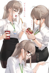 Rule 34 | 1girl, ahoge, black pantyhose, black skirt, brown eyes, burger, closed eyes, collared shirt, commentary request, cup, drinking straw, eating, food, glasses, highres, holding, holding cup, kfr, light brown hair, long hair, multiple views, open mouth, original, pantyhose, pointing, shirt, shirt tucked in, sidelocks, skirt, sleeves rolled up, teeth, translation request, upper teeth only, white background, white shirt