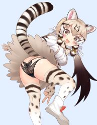 Rule 34 | bow tie, elbow gloves, fingerless gloves, geoffroy&#039;s cat (kemono friends), gloves, highres, kemono friends, long hair, looking at viewer, open mouth, ribbon, siblings, simple background, smile, solo, twins, upskirt