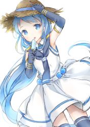 Rule 34 | 10s, 1girl, :o, blue eyes, blue hair, commentary request, dress, food, hat, kantai collection, long hair, matching hair/eyes, popsicle, sailor collar, sailor dress, samidare (kancolle), simple background, sleeveless, solo, very long hair, wataame27, white background
