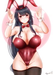 Rule 34 | 1girl, alternate costume, animal ears, black thighhighs, bow, bowtie, breasts, detached collar, fake animal ears, fusou (kancolle), gluteal fold, hairband, highleg, highleg leotard, highres, huge breasts, kantai collection, leotard, long hair, playboy bunny, rabbit ears, red bow, red bowtie, red eyes, red hairband, red leotard, solo, standing, strapless, strapless leotard, thighhighs, traditional bowtie, ura tomomi, very long hair, wrist cuffs