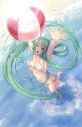 Rule 34 | 1girl, ;d, aqua eyes, aqua hair, armpits, arms up, bad id, bad pixiv id, ball, bare arms, bare legs, bare shoulders, barefoot, beach, beachball, bikini, bouncing breasts, breasts, butt crack, collarbone, foreshortening, from above, full body, highres, kyoumu (huangf91), leg up, looking at viewer, looking up, medium breasts, ocean, one eye closed, open mouth, original, purple bikini, sand, shore, side-tie bikini bottom, smile, solo, spread fingers, standing, standing on one leg, swimsuit, throwing, tsurime