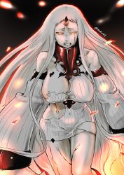 Rule 34 | 10s, 1girl, abyssal ship, angry, bare shoulders, breasts, cleavage, clenched teeth, covered navel, detached sleeves, dress, embers, covered erect nipples, glowing, glowing eyes, horns, injury, kantai collection, large breasts, long hair, looking at viewer, mrdotd, orange eyes, ribbed dress, seaport princess, short dress, single horn, solo, teeth, torn clothes, twitter username, very long hair, white hair