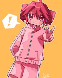 Rule 34 | !, 1girl, ahoge, blush stickers, drill hair, high collar, jacket, kasane teto, long sleeves, looking at viewer, pink hair, red eyes, shorts, smile, solo, spoken exclamation mark, track jacket, track suit, twin drills, utau, v, yellow background, yuusuke-kun