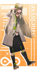 Rule 34 | 1girl, ;), absurdres, arknights, asamiya akira, black dress, black footwear, boots, brown eyes, character request, closed mouth, commentary request, dress, full body, grey hair, grey jacket, highres, holding, infinity symbol, jacket, long hair, long sleeves, looking at viewer, muelsyse (arknights), one eye closed, open clothes, open jacket, smile, solo, standing, very long hair, wide sleeves