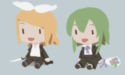 Rule 34 | 2girls, black pants, black suit, blonde hair, bouquet, bow, chibi, commentary, flower, formal, full body, green hair, grey background, gumi, hair bow, holding, holding knife, kagamine rin, knife, multiple girls, open mouth, pants, sanpati (style), shirt, short hair, smile, suit, vocaloid, white bow, white shirt, wounds404