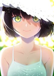 Rule 34 | 1girl, absurdres, artist name, black hair, breasts, cleavage, closed mouth, collarbone, commentary request, dress, green eyes, hat, highres, holding, original, rai miruku, shadow, short hair, sleeveless, sleeveless dress, smile, solo, sun hat, sweat, twitter username, upper body, watermark, white dress