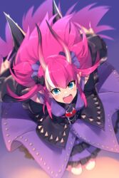 Rule 34 | 1girl, blue eyes, blush, breasts, detached sleeves, dragon girl, dragon horns, dragon tail, dress, echo (circa), elizabeth bathory (fate), elizabeth bathory (japan) (fate), fate/grand order, fate (series), horns, long hair, looking at viewer, open mouth, pink hair, pointy ears, purple dress, small breasts, tail, wings