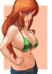 Rule 34 | 1girl, ashiomi masato, bare arms, bare shoulders, bikini, bikini top only, breasts, cleavage, commentary request, earrings, from side, green bikini, hands up, jewelry, large breasts, lips, long hair, looking at viewer, midriff, nami (one piece), navel, one piece, orange hair, pants, parted lips, pink background, red eyes, shiny skin, sideboob, simple background, smile, stomach, swimsuit