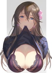 Rule 34 | 1girl, absurdres, blouse, blue eyes, blue shirt, blush, bra, breasts, brown hair, cleavage, clothes in mouth, clothes lift, flower, granblue fantasy, grey background, hair between eyes, hair flower, hair ornament, highres, kakage, lace, lace trim, large breasts, lifted by self, long hair, looking at viewer, mouth hold, rosetta (granblue fantasy), shirt, shirt in mouth, shirt lift, solo, underwear
